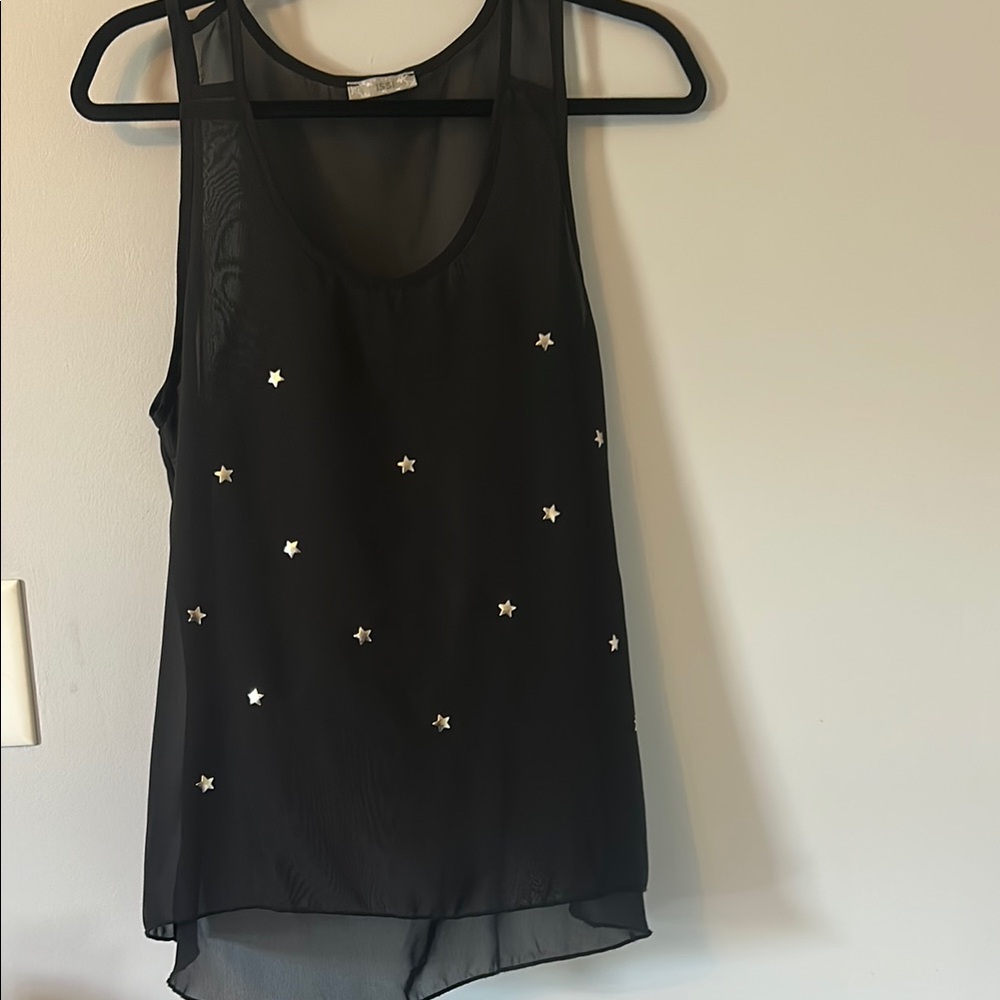 Black Sheer Silver Star-Embellished Women's Top